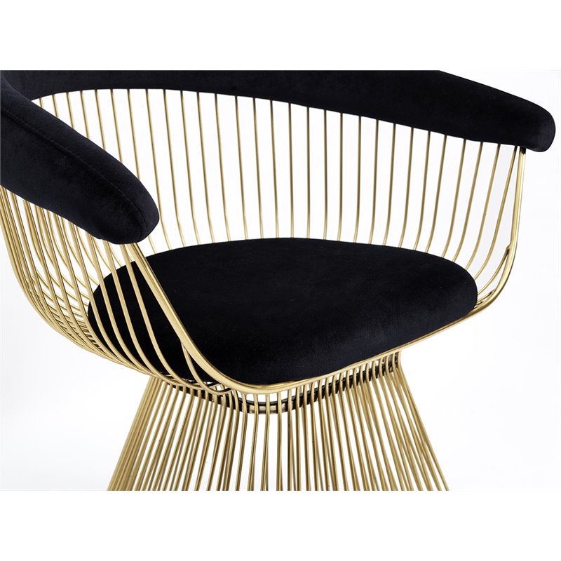 Pemberly Row Velvet and Gold Stainless Steel Dining Chair in Black