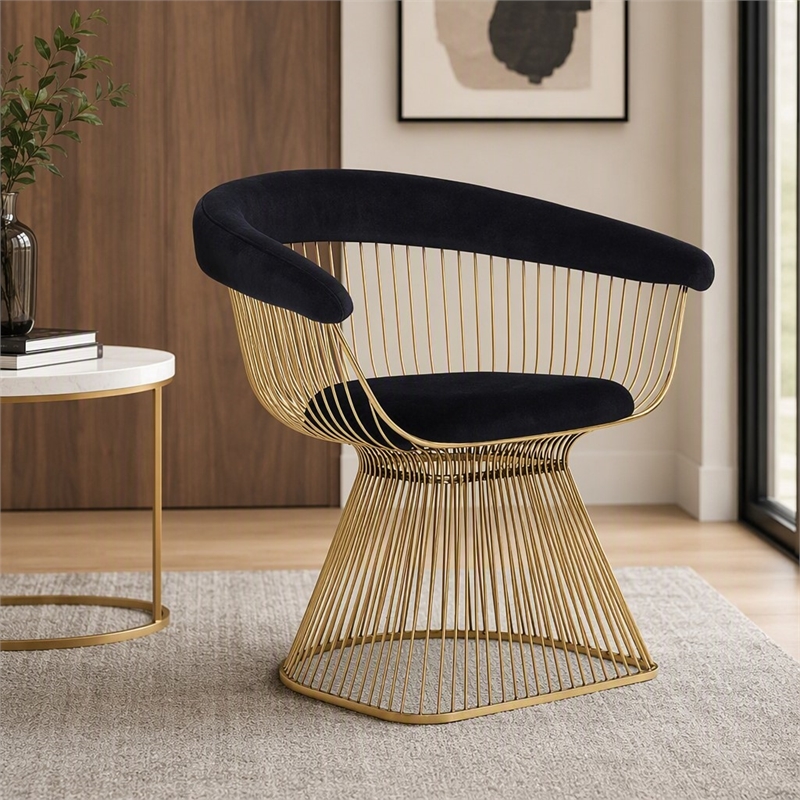 Pemberly Row Velvet and Gold Stainless Steel Dining Chair in Black