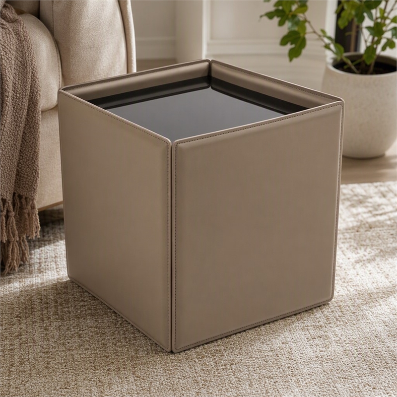 Pemberly Row Faux Leather and Tempered Glass End Table in Beige