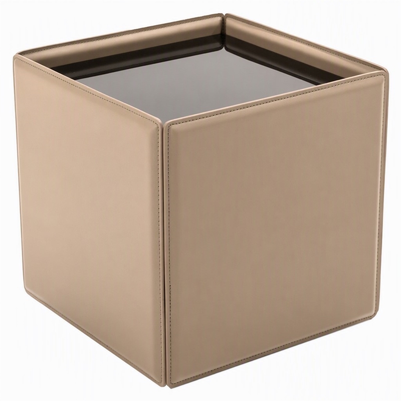 Pemberly Row Faux Leather and Tempered Glass End Table in Beige