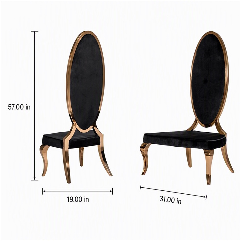 Pemberly Row High Back Velvet Dining Chair Set in Black/Rose Gold (Set of 2)