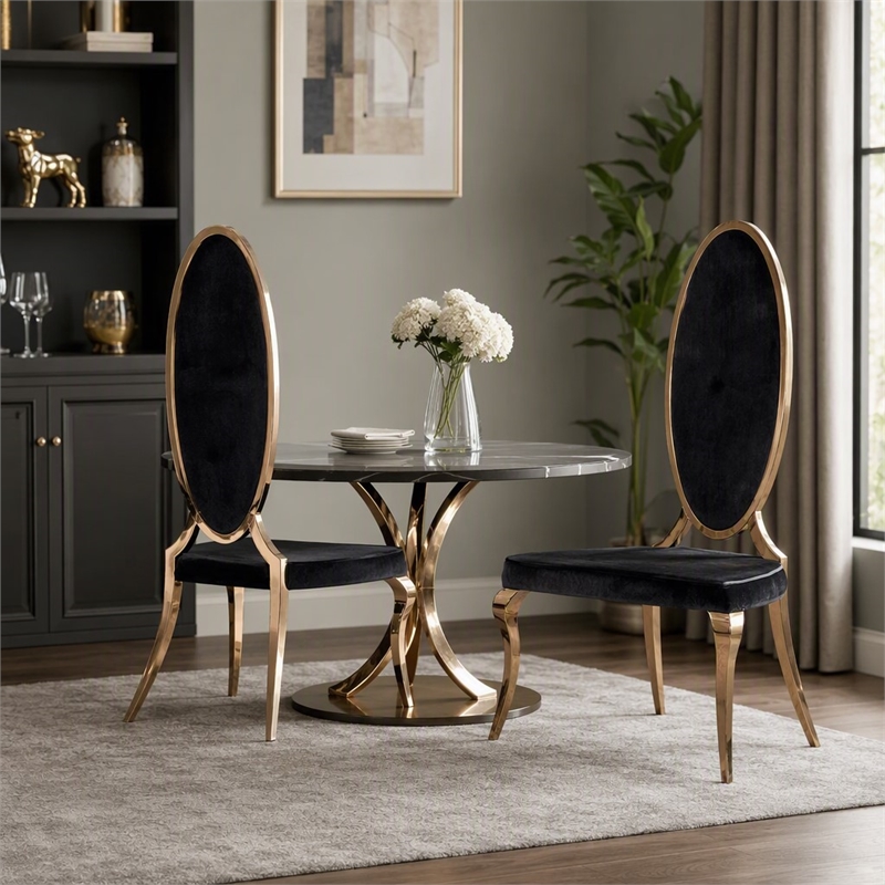 Pemberly Row High Back Velvet Dining Chair Set in Black/Rose Gold (Set of 2)