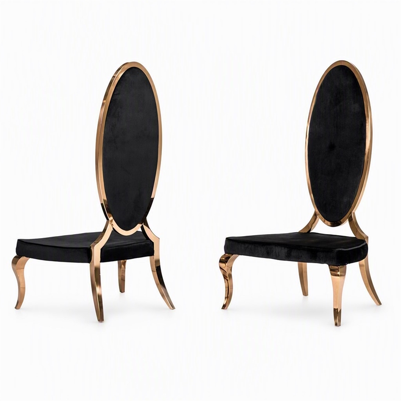 Pemberly Row High Back Velvet Dining Chair Set in Black/Rose Gold (Set of 2)