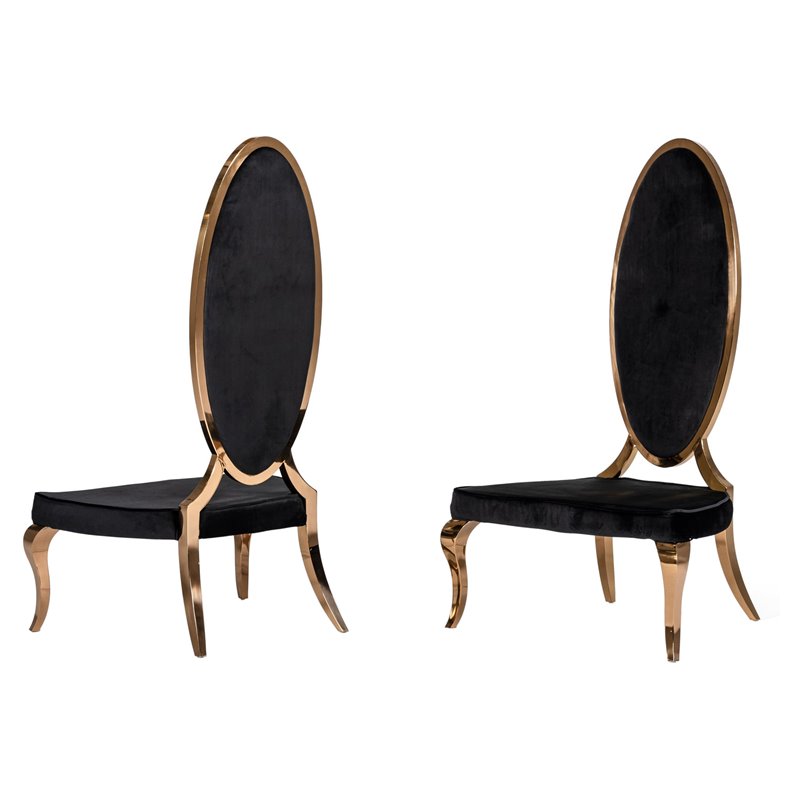 Pemberly Row High Back Velvet Dining Chair Set in Black/Rose Gold (Set of 2)