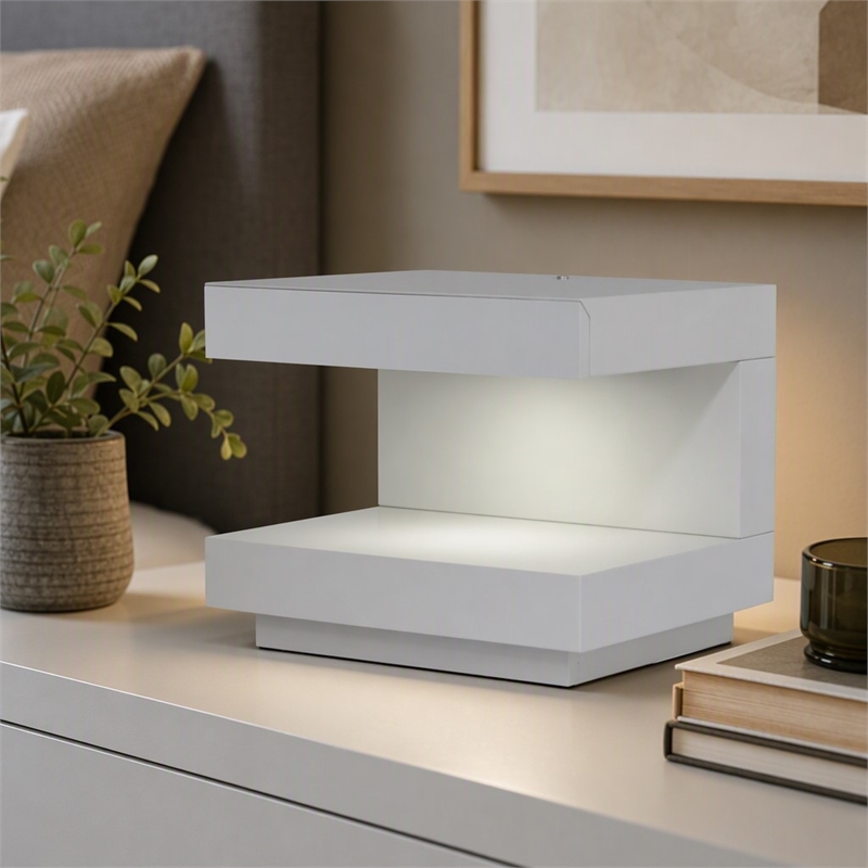 Pemberly Row C-Shaped MDF Wooden Nightstand with LED Light in White Gloss