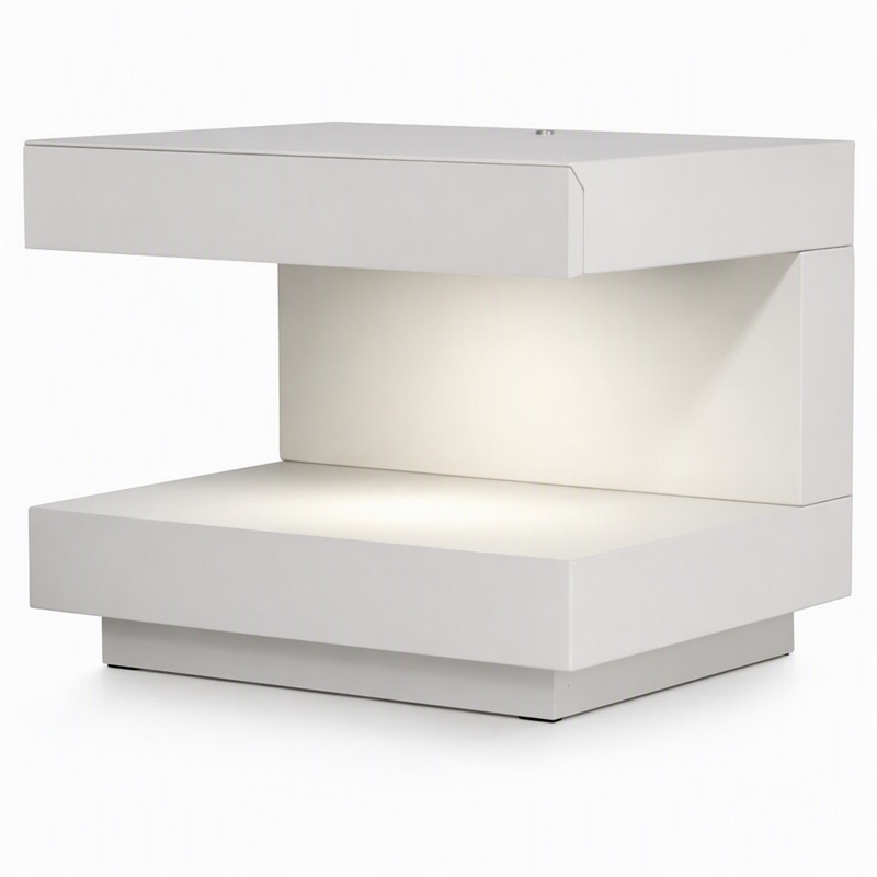 Pemberly Row C-Shaped MDF Wooden Nightstand with LED Light in White Gloss