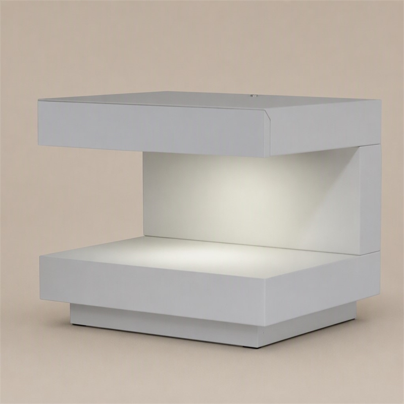 Pemberly Row C-Shaped MDF Wooden Nightstand with LED Light in White Gloss