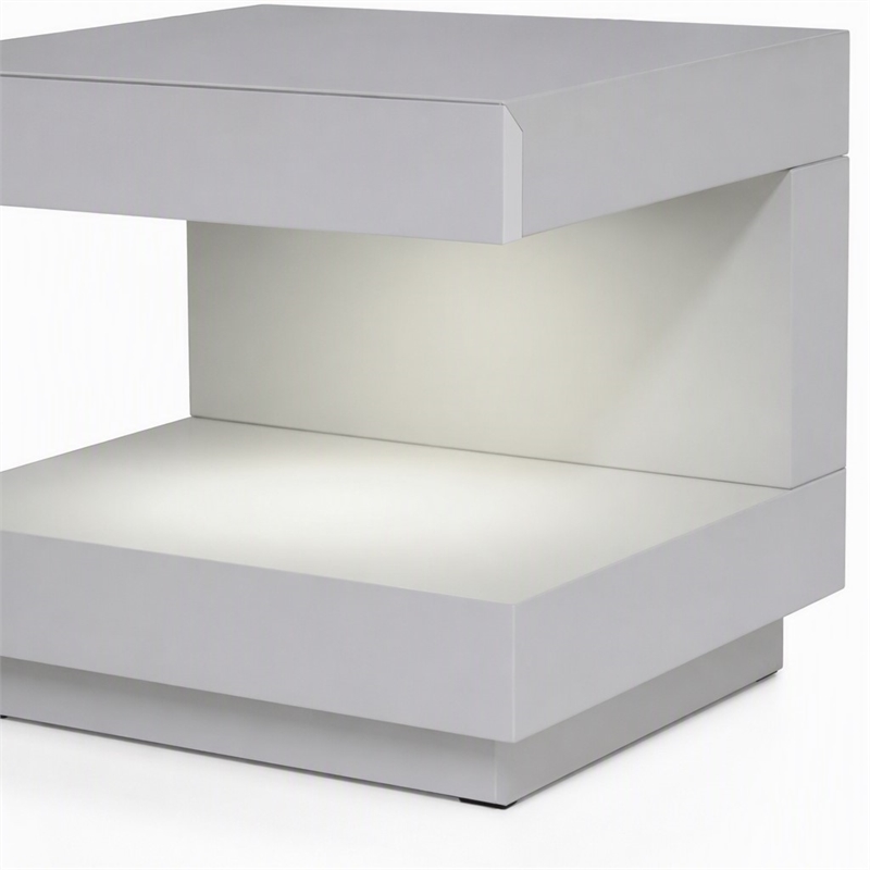 Pemberly Row C-Shaped MDF Wooden Nightstand with LED Light in White Gloss