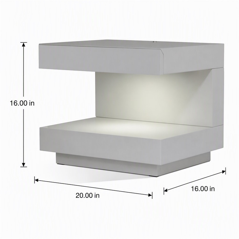 Pemberly Row C-Shaped MDF Wooden Nightstand with LED Light in White Gloss