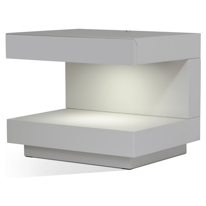 Pemberly Row C-Shaped MDF Wooden Nightstand with LED Light in White Gloss