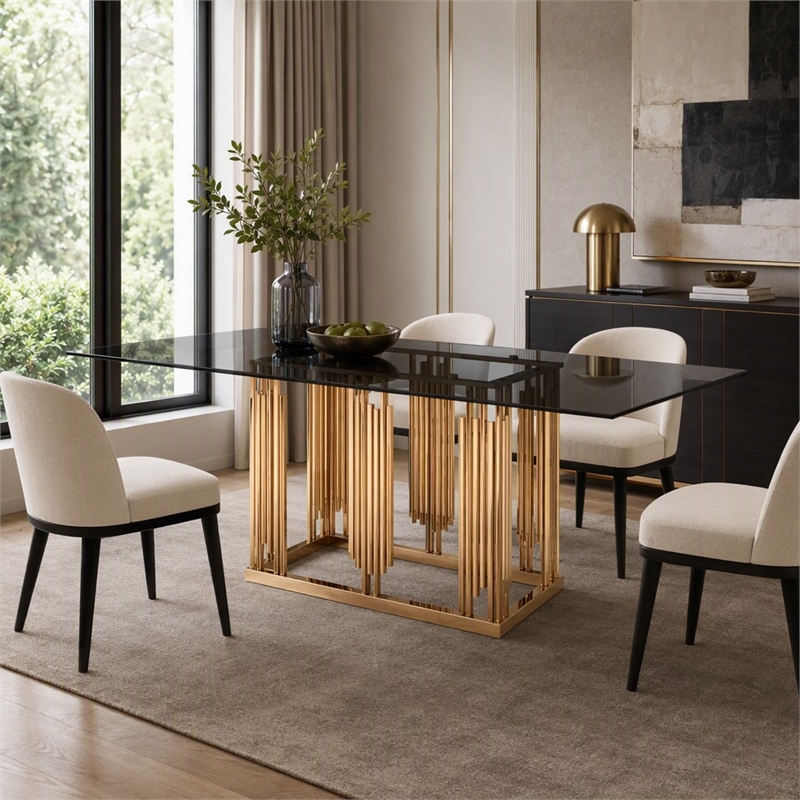 Pemberly Row Modern Smoked Glass Dining Table with Rose Gold Base