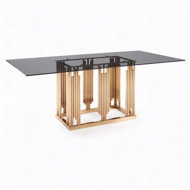 Pemberly Row Modern Smoked Glass Dining Table with Rose Gold Base