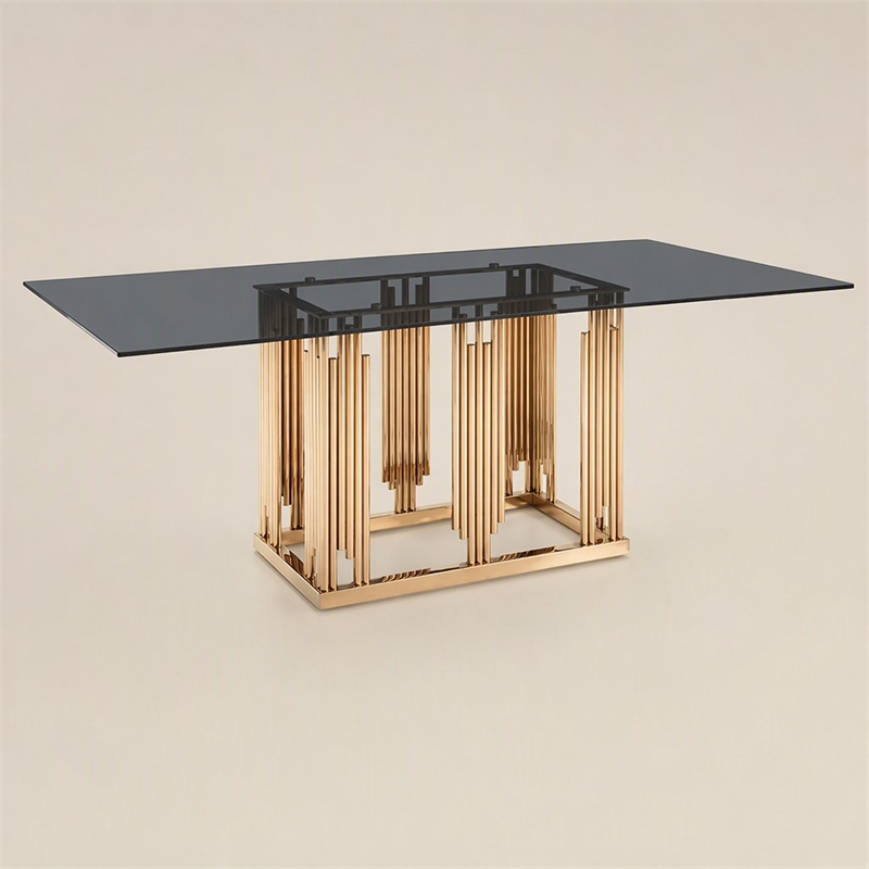 Pemberly Row Modern Smoked Glass Dining Table with Rose Gold Base