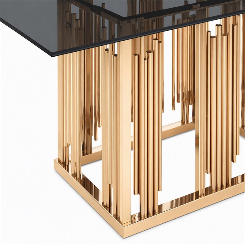 Pemberly Row Modern Smoked Glass Dining Table with Rose Gold Base