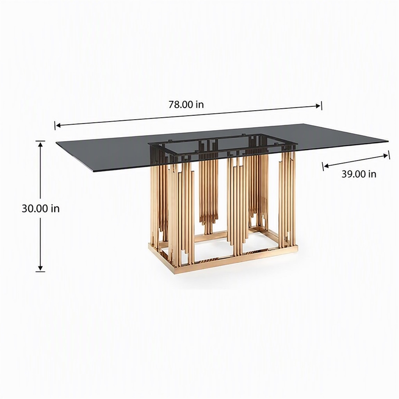 Pemberly Row Modern Smoked Glass Dining Table with Rose Gold Base