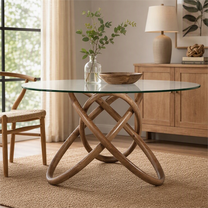 Pemberly Row Round Glass & Walnut Dining Table with Ash Base