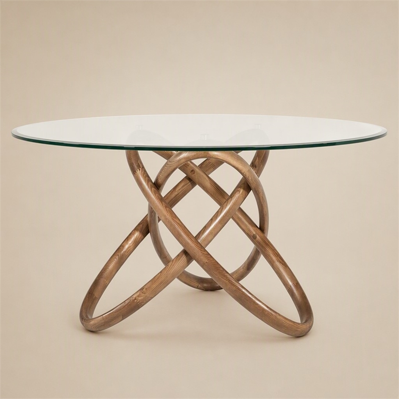 Pemberly Row Round Glass & Walnut Dining Table with Ash Base