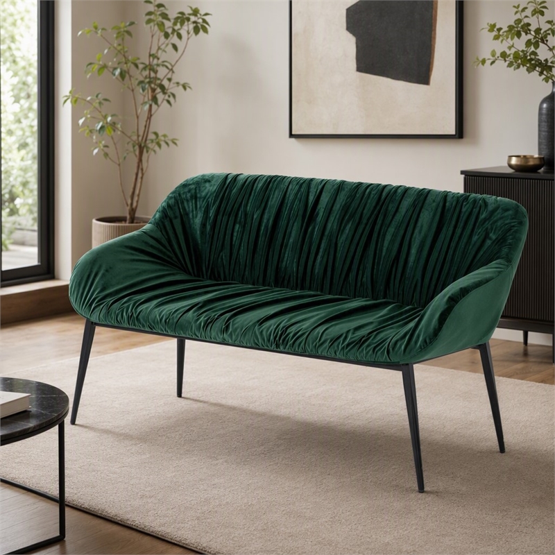 Pemberly Row Modern Metal & Fabric Bench in Dark Green for Stylish Dining