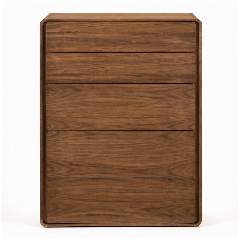 Pemberly Row 5-Drawer Bedroom Chest in Veneer and Rubberwood with Walnut Finish