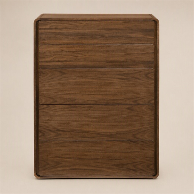 Pemberly Row 5-Drawer Bedroom Chest in Veneer and Rubberwood with Walnut Finish