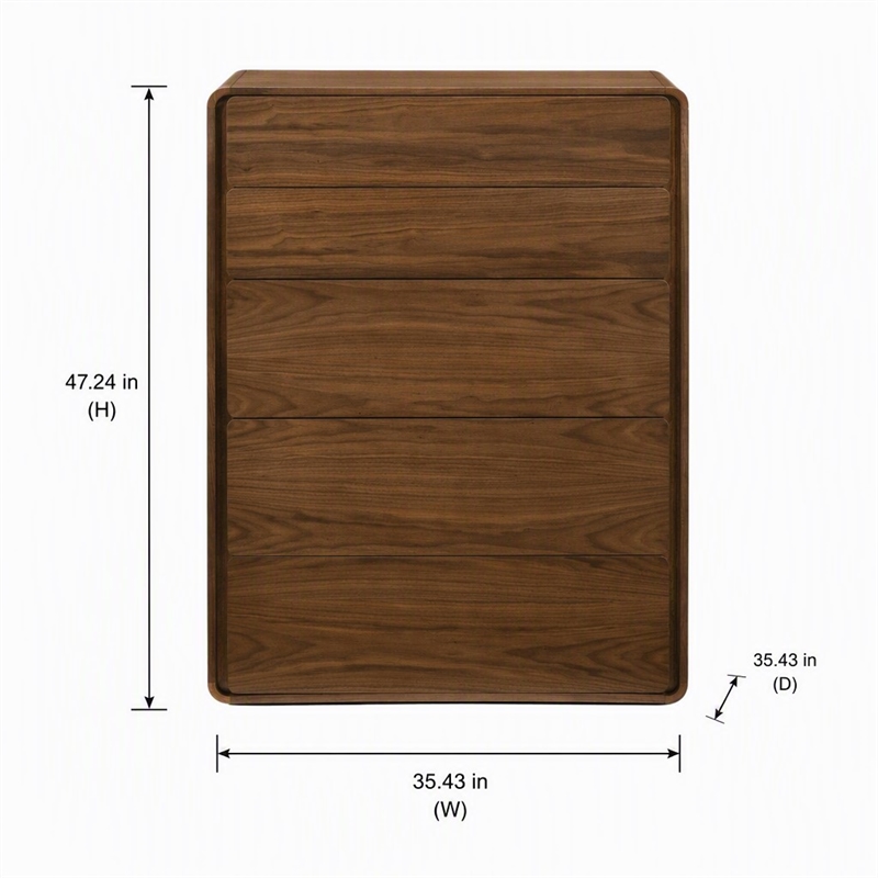 Pemberly Row 5-Drawer Bedroom Chest in Veneer and Rubberwood with Walnut Finish