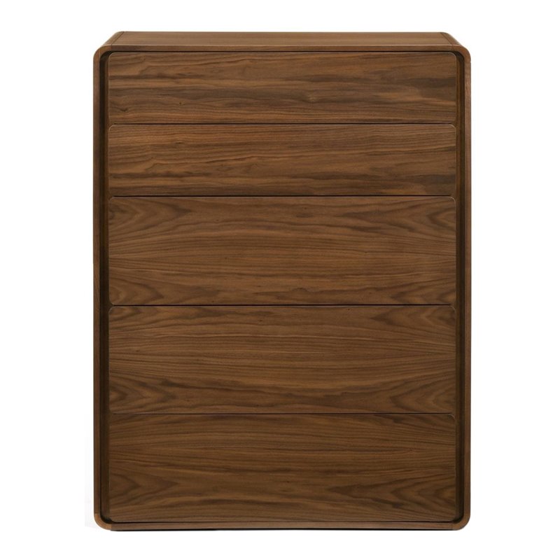 Pemberly Row 5-Drawer Bedroom Chest in Veneer and Rubberwood with Walnut Finish