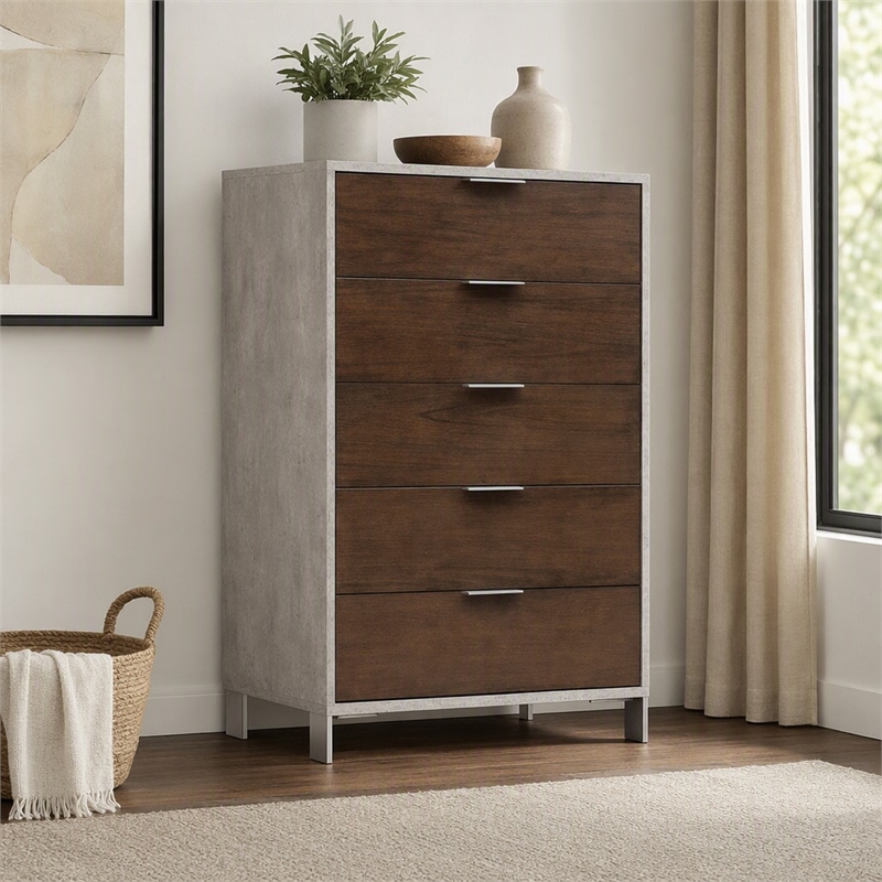 Pemberly Row Veneer Wood and Stainless Steel Chest with Faux Concrete in Gray