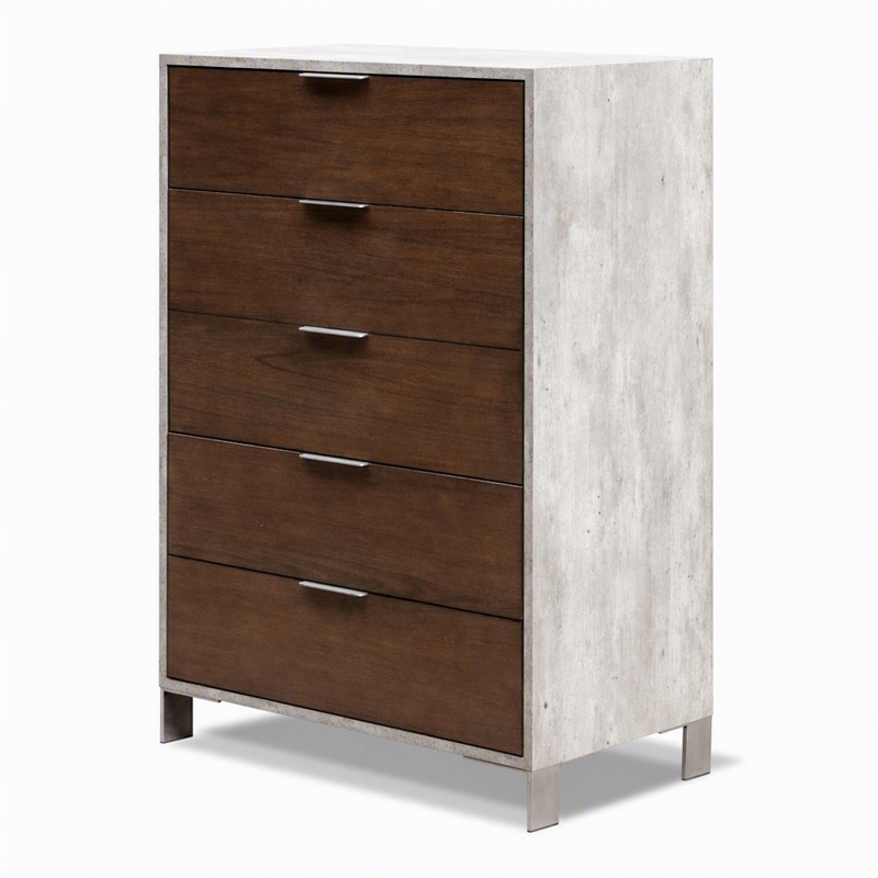 Pemberly Row Veneer Wood and Stainless Steel Chest with Faux Concrete in Gray
