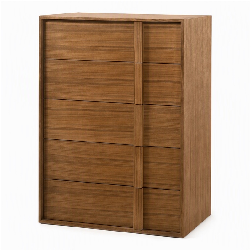 Pemberly Row Modern Walnut Veneer 5-Drawer Bedroom Chest with Integrated Pulls