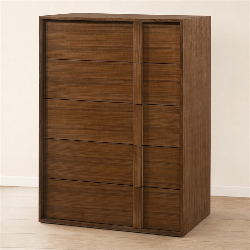 Pemberly Row Modern Walnut Veneer 5-Drawer Bedroom Chest with Integrated Pulls