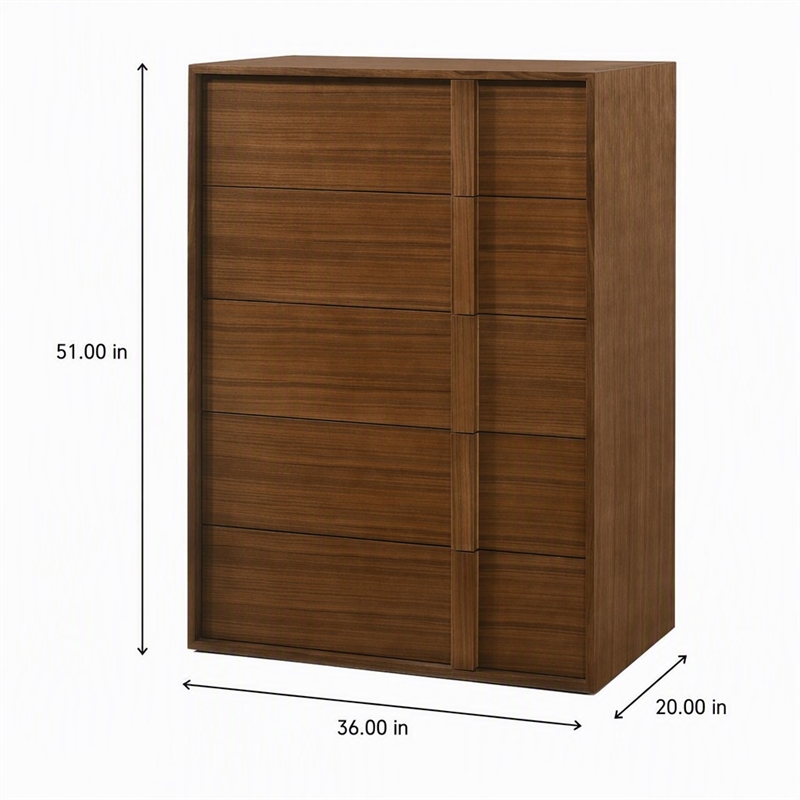 Pemberly Row Modern Walnut Veneer 5-Drawer Bedroom Chest with Integrated Pulls
