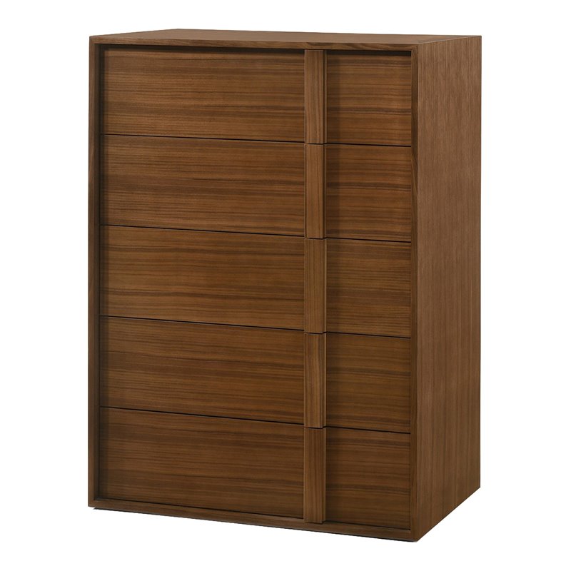 Pemberly Row Modern Walnut Veneer 5-Drawer Bedroom Chest with Integrated Pulls