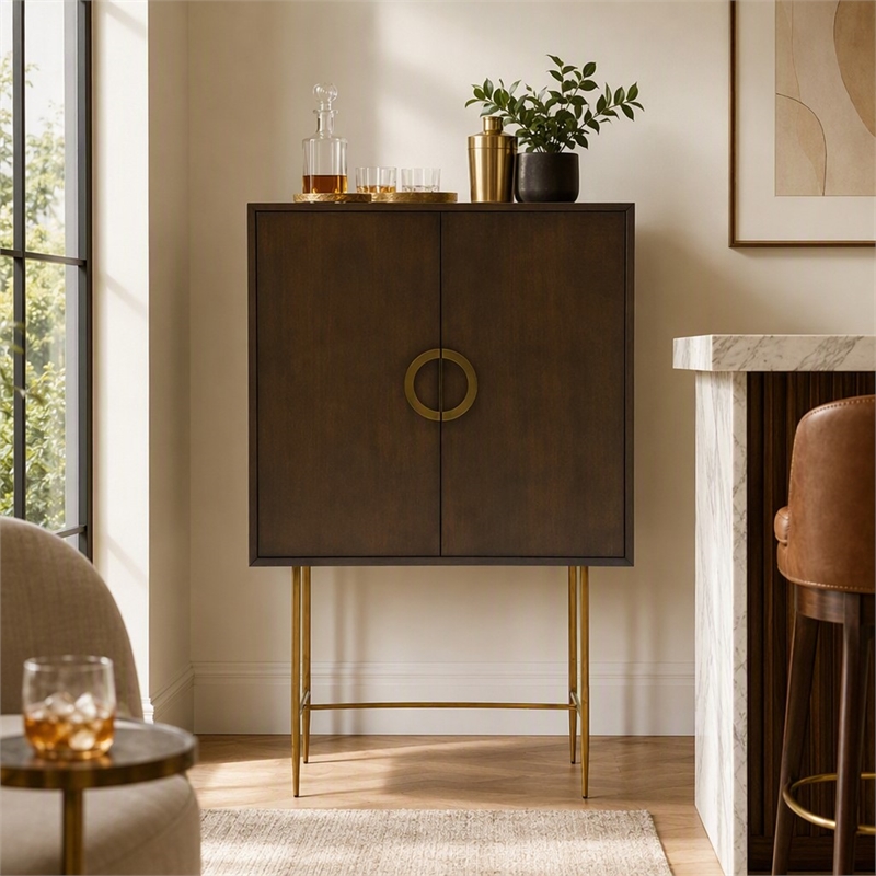 Pemberly Row Acacia Veneer 2-Door Bedroom Chest in Dark Brown and Antique Brass