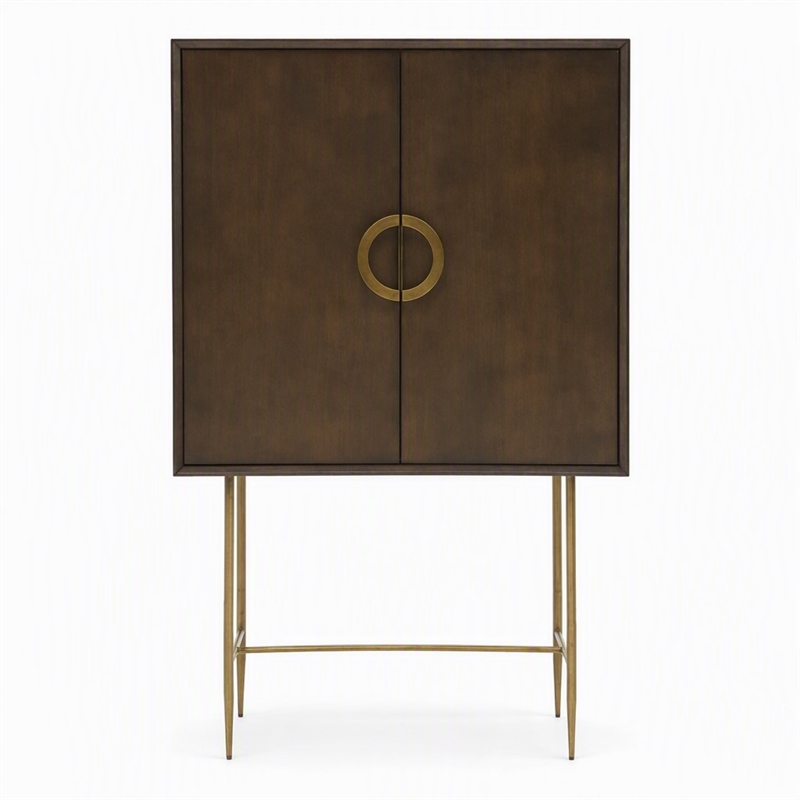 Pemberly Row Acacia Veneer 2-Door Bedroom Chest in Dark Brown and Antique Brass