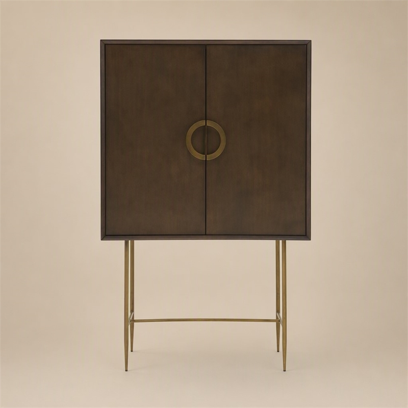 Pemberly Row Acacia Veneer 2-Door Bedroom Chest in Dark Brown and Antique Brass