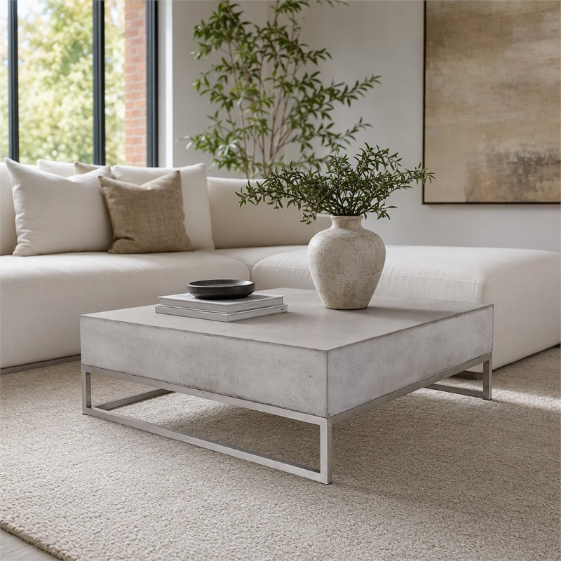 Pemberly Row Square Concrete Coffee Table with Stainless Steel Base in Gray