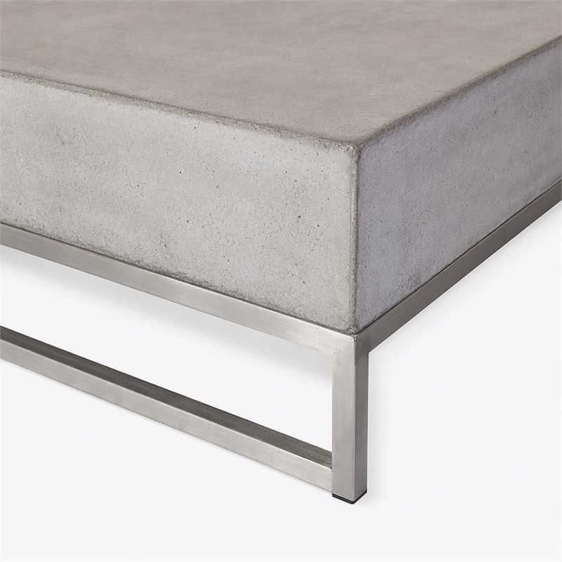 Pemberly Row Square Concrete Coffee Table with Stainless Steel Base in Gray