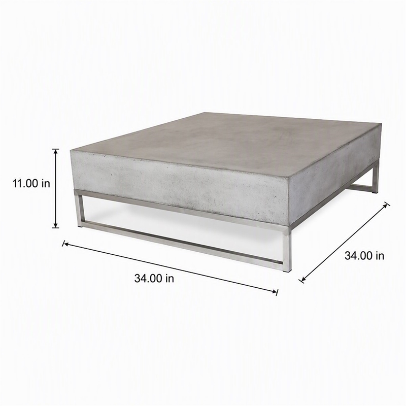 Pemberly Row Square Concrete Coffee Table with Stainless Steel Base in Gray