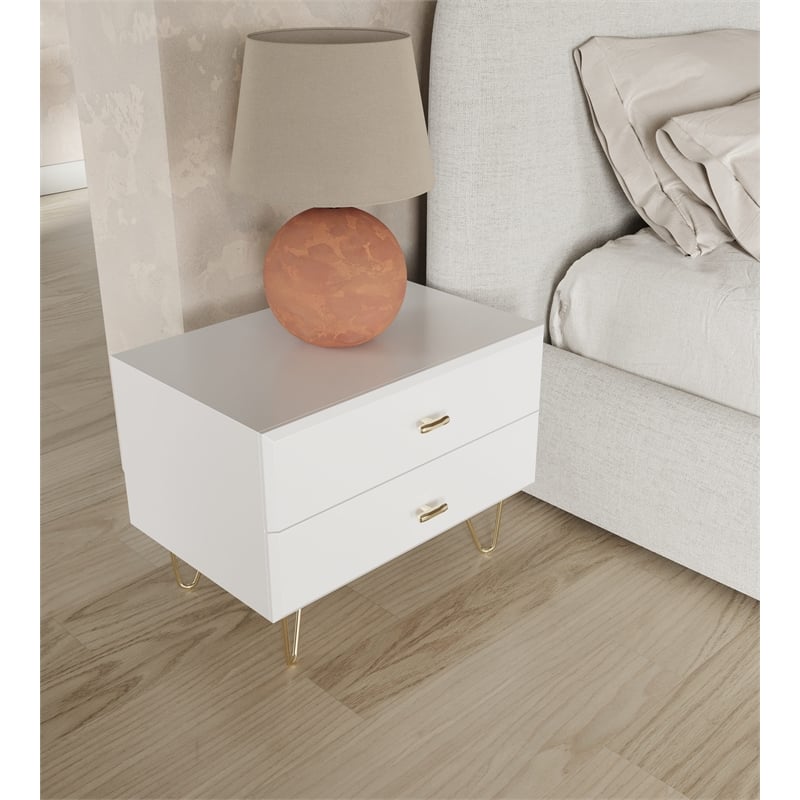 Pemberly Row Bryan Modern MDF Wood Nightstand in White with Gold Accents