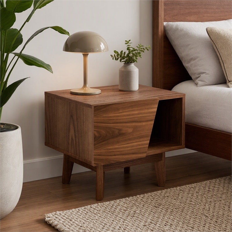 Pemberly Row Mid-Century Wood Nightstand with 1 Drawer in Walnut Finish