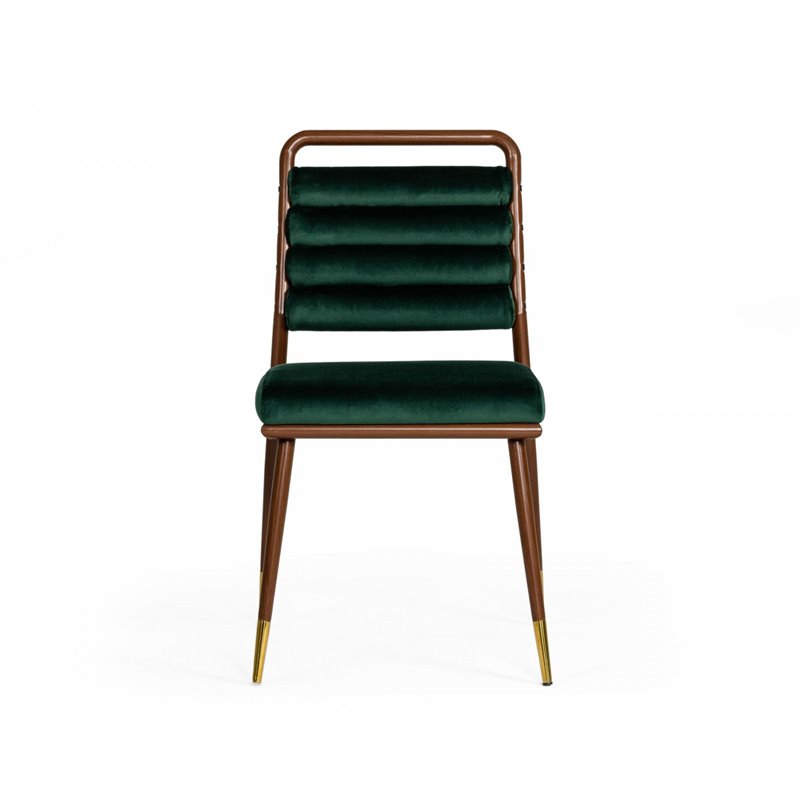 Pemberly Row Velvet Dining Chair with Channel Tufting in Green and Walnut