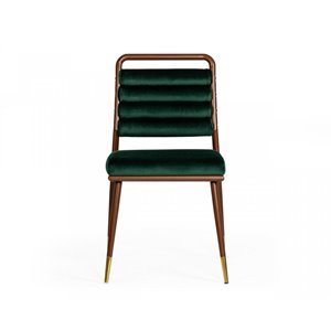 Pemberly Row Velvet Dining Chair with Channel Tufting in Green and Walnut
