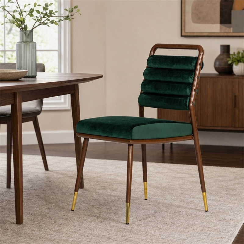 Pemberly Row Velvet Dining Chair with Channel Tufting in Green and Walnut