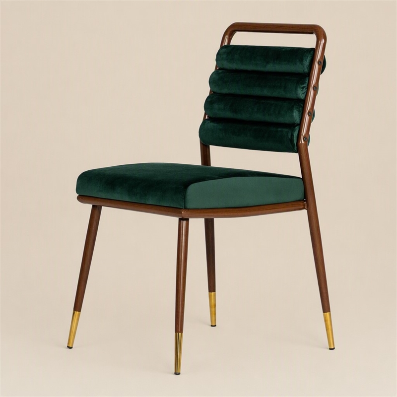 Pemberly Row Velvet Dining Chair with Channel Tufting in Green and Walnut