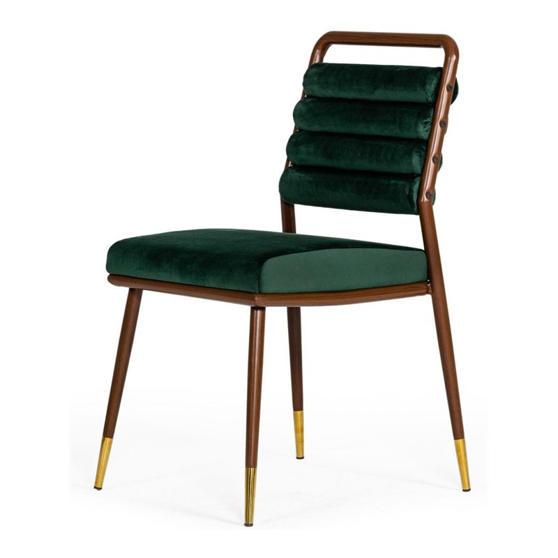 Pemberly Row Velvet Dining Chair with Channel Tufting in Green and Walnut