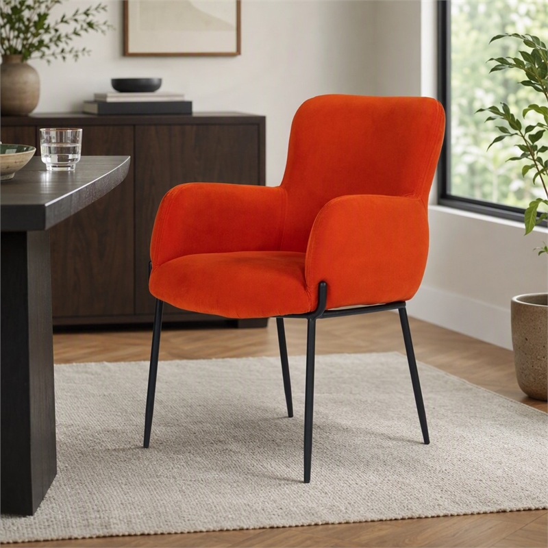 Pemberly Row Mid-Century Velvet Dining Chair in Orange with Metal Legs