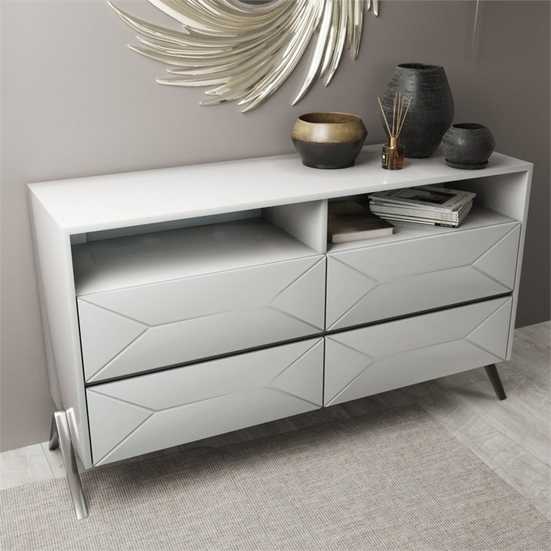 Pemberly Row Modern MDF Wood Dresser with Stainless Steel Legs in White