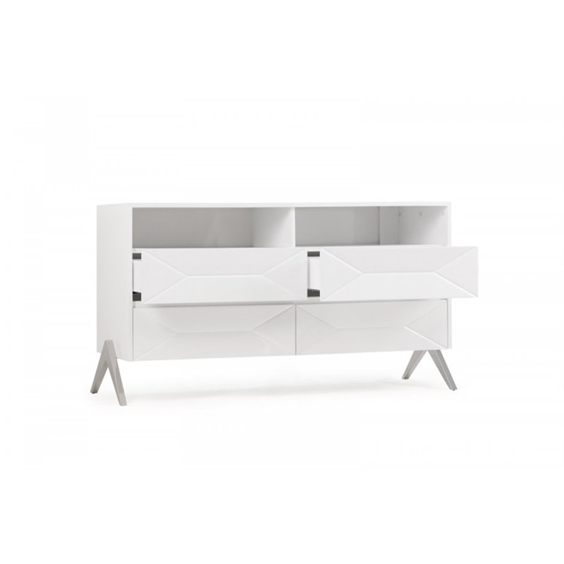 Pemberly Row Modern MDF Wood Dresser with Stainless Steel Legs in White