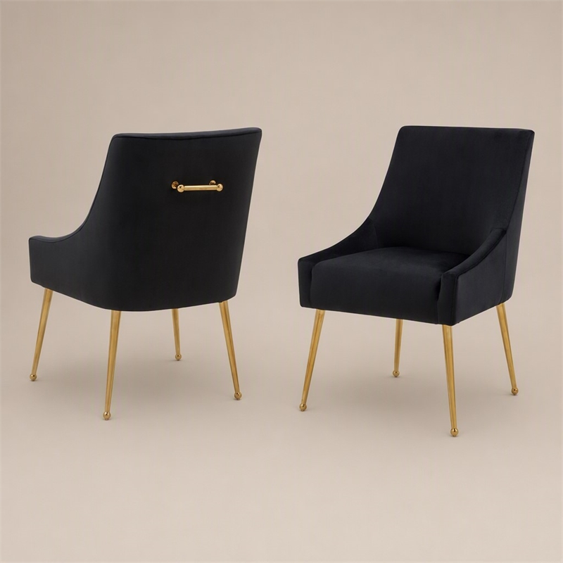 Pemberly Row Black Velvet Dining Chair Set with Gold Legs (Set of 2)