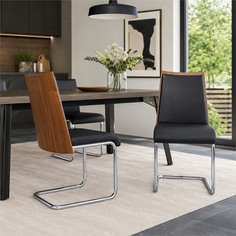 Pemberly Row Black and Walnut Faux Leather Dining Chair Set (Set of 2)